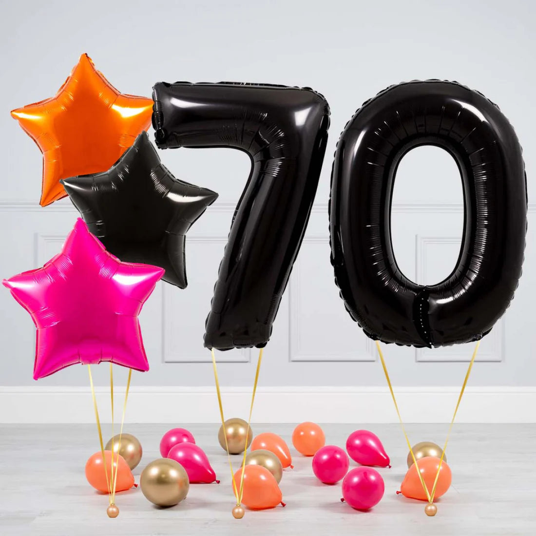 Helium Black Two Number Set Balloon with Orange, Black and Pink Stars with Mini Balloons