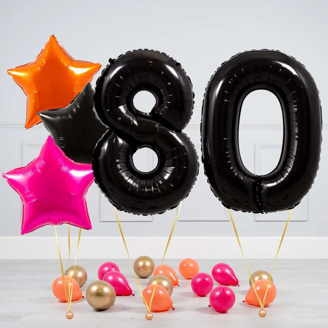 Helium Black Two Number Set Balloon with Orange, Black and Pink Stars with Mini Balloons