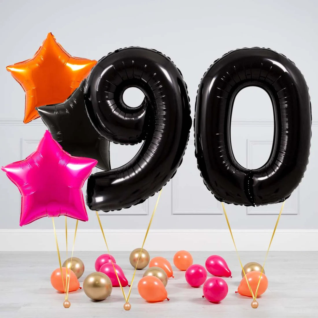 Helium Black Two Number Set Balloon with Orange, Black and Pink Stars with Mini Balloons