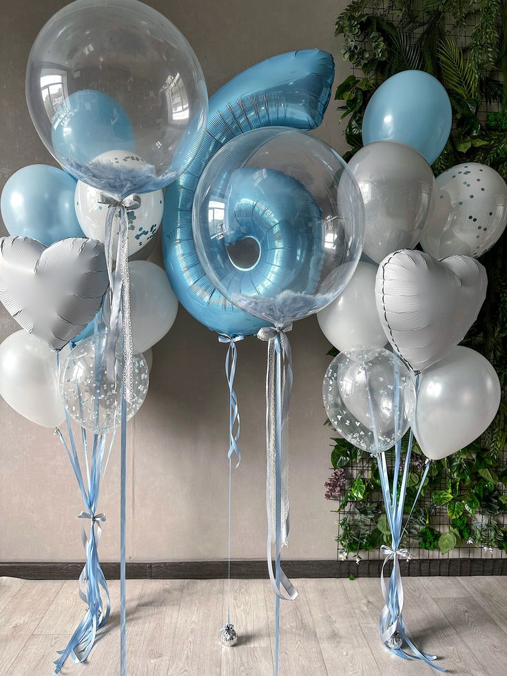 Helium Balloons Single Number Set Blue '6' and Personalised Clear with Feather, Customize Sticker, Latex Bunch White, Gray and Blue with Heart-Shaped Foil and Ribbons - Customizable for Any Celebration