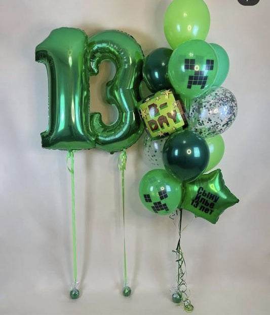 Helium Green ‘13’ Two Number Set Balloon with Helium Bunch Latex Green, Clear with Confetti, Customize Green Star, Minecraft Printed Foil Balloon - Minecraft-Themed Perfect for any special occasions!