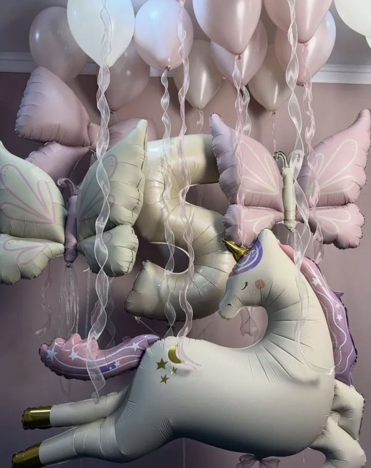 Single Number Set '5' Unicorn Theme Helium Balloon Beige Pink Butterfly Pink Ribbon Helium Balloon Latex Beige Dusty Pink with Ribbons - Perfect for any occasions!