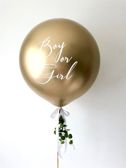 Personalised Gender Reveal Helium Balloon Light Gold Latex with Customize Sticker, Ribbons and Artificial Leaves - Customizable Design