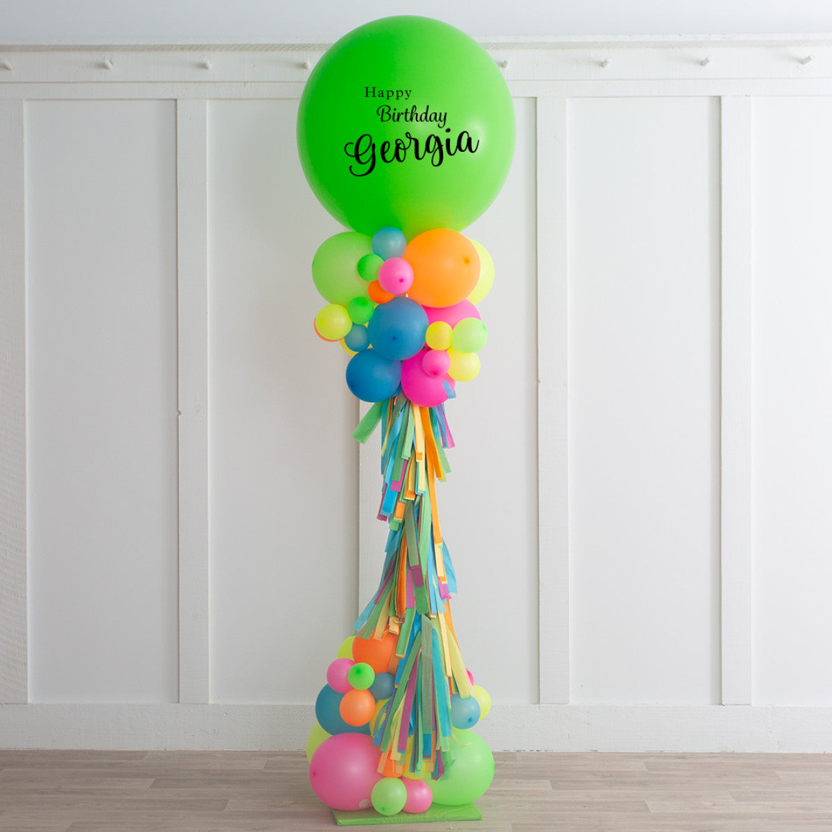 Personalised Balloon with Green, Pink, Blue, Yellow, and Orange Balloons with Tassels Pillar/Column/Tower – Perfect for Any Vibrant Celebrations