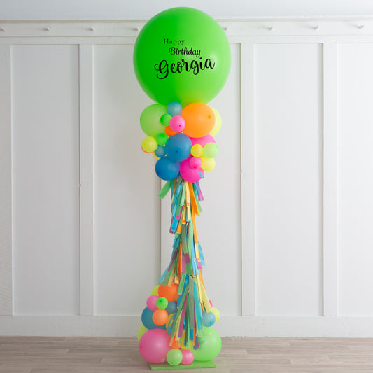 Personalised Balloon with Green, Pink, Blue, Yellow, and Orange Balloons with Tassels Pillar/Column/Tower – Perfect for Any Vibrant Celebrations