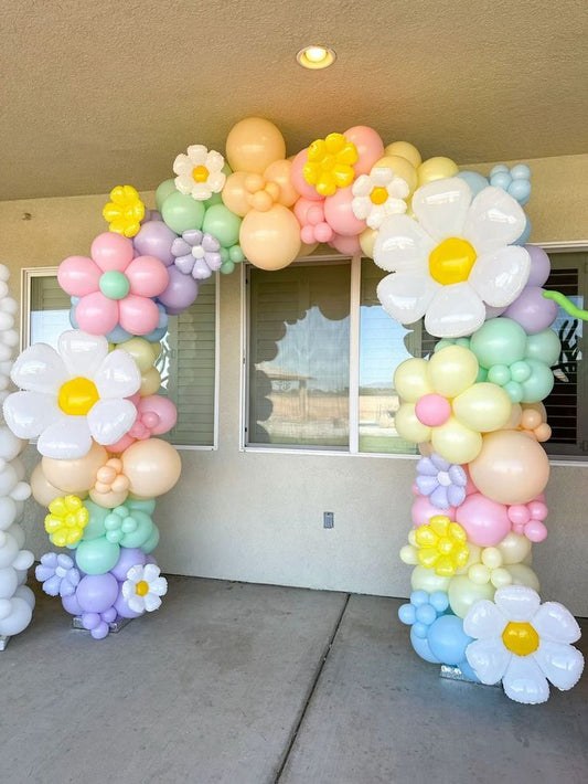 Balloon Arch Pastel Colors Pink, Yellow, Mint Green, Peach and Blue with Flower accents Organic Arrangement - Fairy-Themed Garden-Themed Perfect for special occasion!