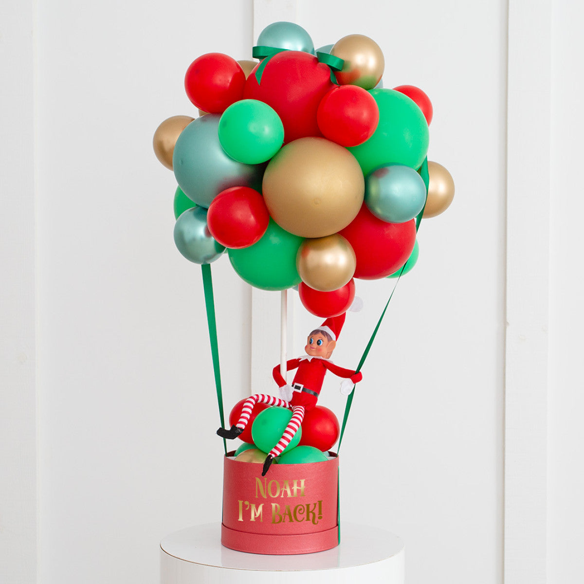 Personalised Christmas Balloon Elf Gift Box - Red, Gold and Different Shade of Green Colors