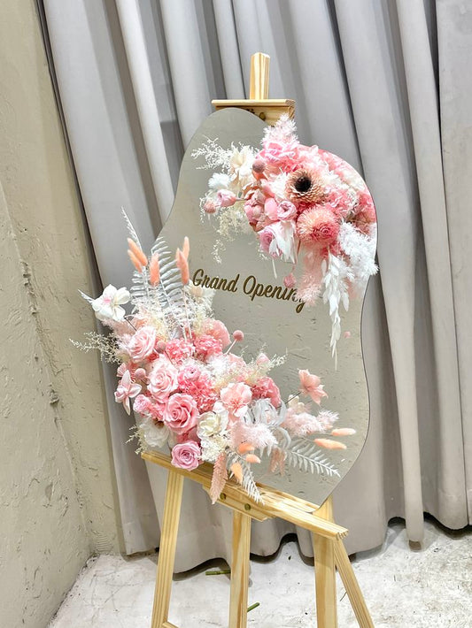 Wooden Stand with Mirror Frame Customizable with Sticker and Artificial Flowers - Perfect for special occasion!