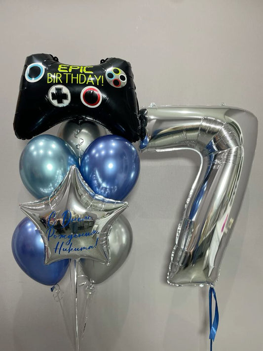 Helium Balloons Single Number Set Silver '7' with Latex Balloons Chrome Blue, Silver and Game Controller with Star-Shaped with Customize Sticker - Perfect for any Occasions