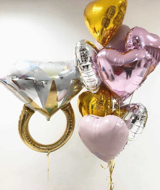 Engagement Gold Diamond Ring with Helium Bunch Pink, Gold and Silver Heart-Shaped - Bridal Shower Perfect for Special Occasions!