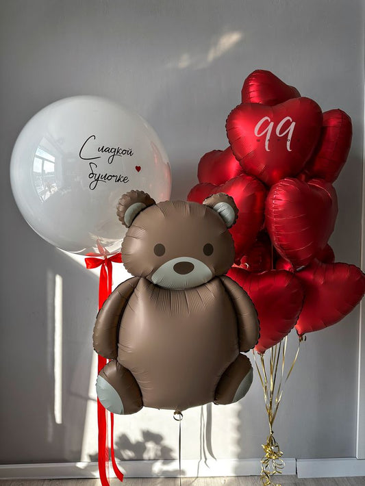 Personalised Clear with White Latex and Customize Sticker, Brown Bear and Red Heart-Shaped with Customize Sticker Helium Bunch - Baby Shower, Bear-Themed Perfect for any Occasions