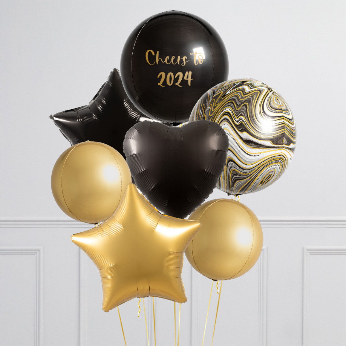 New Year's Eve Balloon Set - Circle and Star Balloons, and 'Cheers to 2025' Designs