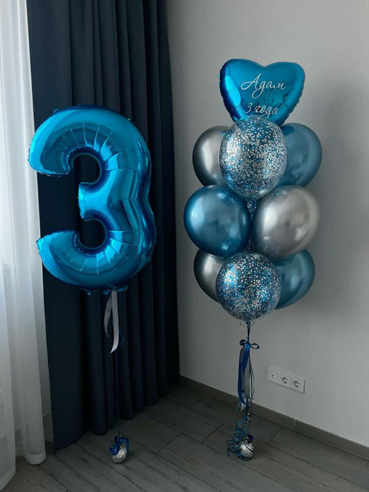 Helium Balloons Single Number Set Blue '3' with Foil Heart-Shaped with Sticker and Latex Chrome Blue and Silver Bunch with Ribbons - Perfect for any Occasions!