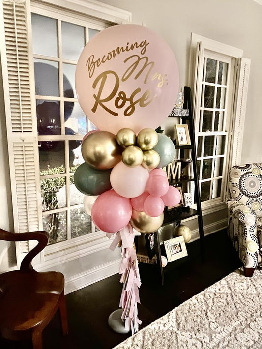 Personalised Pillar/Column/Tower Balloons Pink, Green and Light Gold with Customize Sticker and Tassels - Birthday, Corporate Event, Grand Opening, Company Event Perfect for special occasion!
