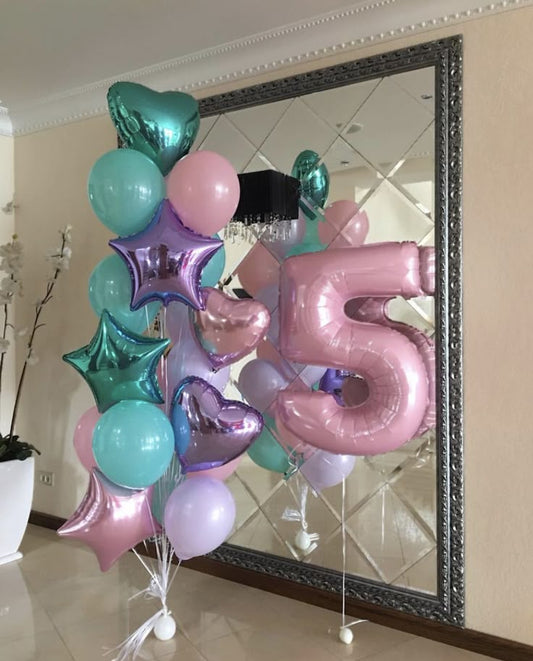 Helium Balloons Single Number Set Pink '5' with Heart-Shaped, Star-Shaped Latex Mint Green, Purple and Pink Bunch - Mermaid-Themed Under The Sea-Themed Perfect for any Occasions!