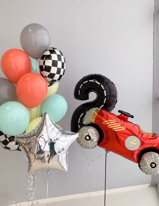 Helium Balloon Single Number Set of Black Number ‘2’ Balloon with Racing Car, Circle Checkered, Silver Star with Customize Sticker and Latex Peach, Mint Green, Gray and Yellow Helium Bunch - Racing Car-Themed Perfect for any Occasions