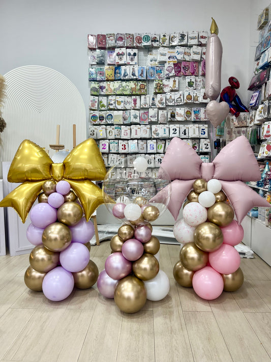 Personalised Clear with Mini Balloons, Pink Bow Gold Bow Pillar/Column/Tower Balloons Pink White Light Gold Shinny Pink -  Perfect for special occasions!