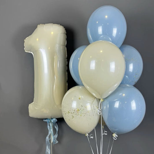 Helium Balloons Single Number Set Beige '1' and Latex Bunch Double Layered Beige and Blue with Gold Confetti with Ribbons - Perfect for any Occasions!