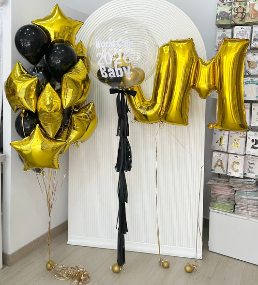 Personalised Helium Clear with Balloon Gold with Black and Gold Stars and Latex Bunch and Customizable Stickers and Black Tassels, ‘VM’ Letters Helium - Perfect for any Occasions