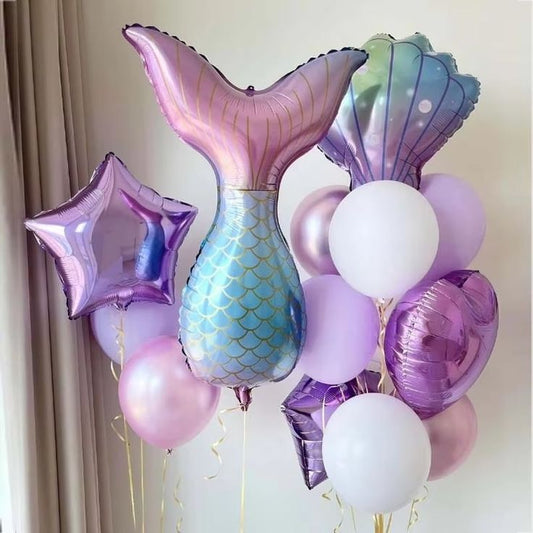 Helium Balloons Heart-Shaped, Shell, Star-Shaped, Mermaid Tail Foil with Latex Different Shades of Purple and White Bunch - Mermaid-Themed Under The Sea-Themed Perfect for any Occasions!