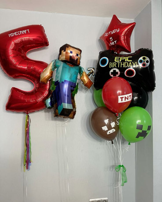 Helium Balloon Single Number Set of Red Number ‘5’ Balloon with Customize Star, Game Controller, Minecraft Character Foil and Latex Black, Green, Brown and Red Helium Bunch - Minecraft-Themed Perfect for any Occasions