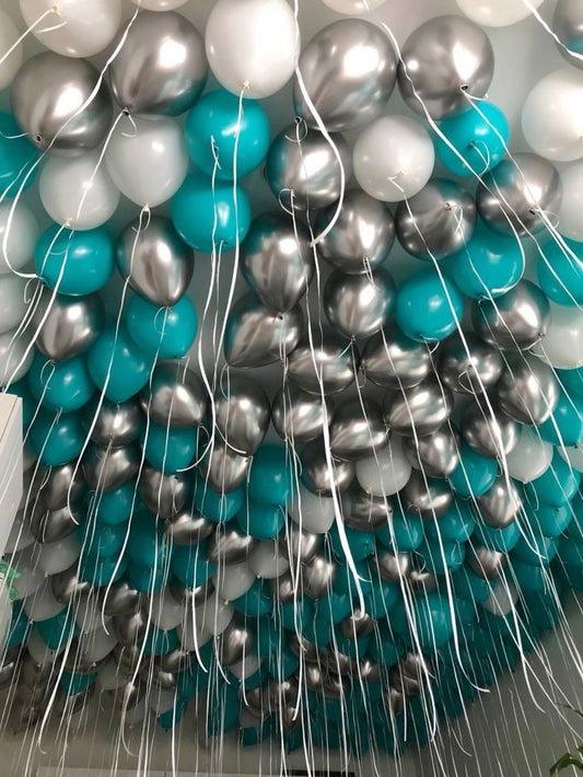 Latex Helium Ceiling White, Silver and Teal Balloons with White Strings - Perfect for Special Occasions!