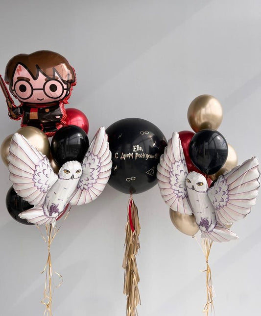 Personalised Clear with Black Latex, Tassels and Customize Sticker, Harry Potter Character, Owl and Latex Helium Bunch Black, Red and Light Gold - Harry Potter-Themed Perfect for any Occasions
