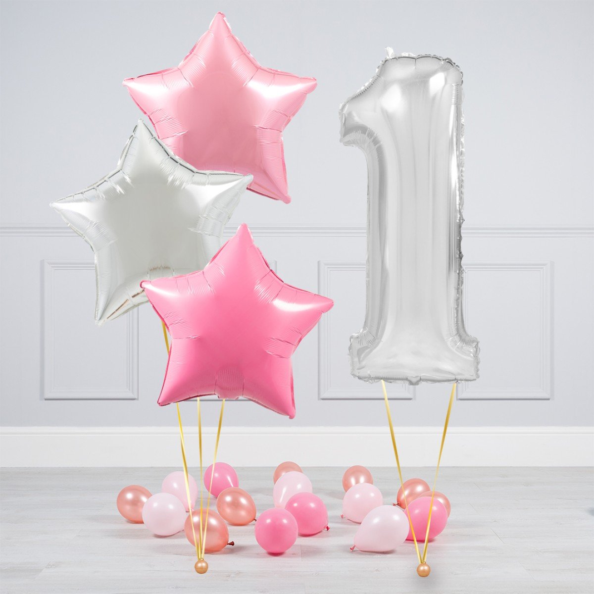 Helium Clear Single Set Balloon - Light Pink, Dark Pink and White Star with Mini Balloons