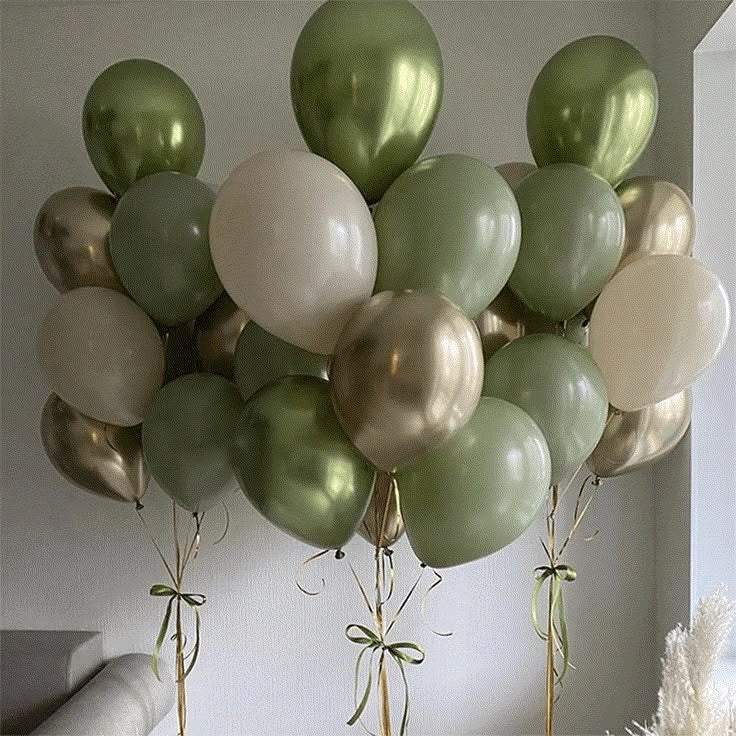 Latex Helium Balloon Light Gold, Green and Sand White Bunch with Ribbons - Perfect for any special occasions!