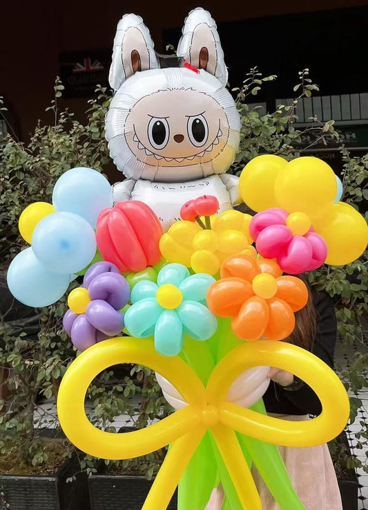 Balloon Bouquet Flowers Colors Blue, Yellow, Pink, Green, Purple and Orange with Labubu Balloons accents - Perfect for any special occasions!
