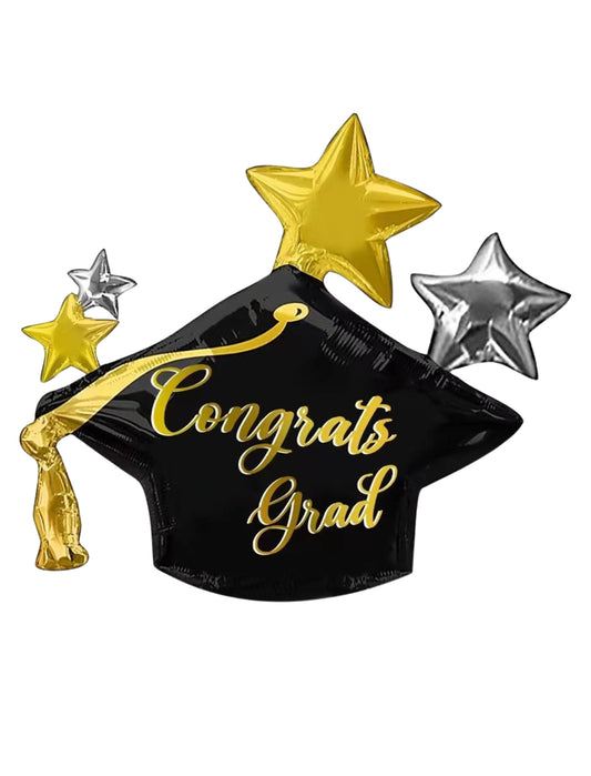 Congrats Star Hat Grad Graduation Kids Birthday Helium Balloon Bouquet Black