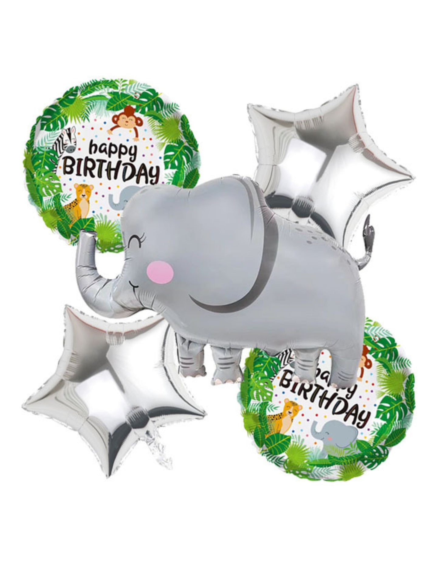 Elephant Theme Circle Star Balloon Happy Birthday Balloon Kids Birthday Safari Animal Jungle Balloon Set Helium Balloon Bouquet Grey Silver Green