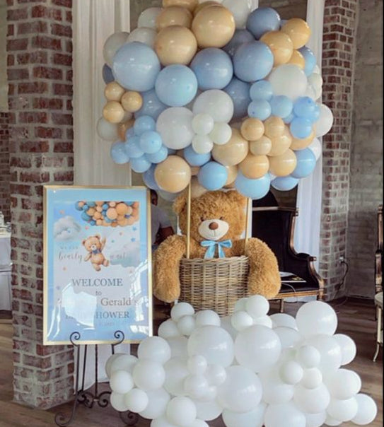 Hospital or Home Welcoming Baby Balloon Teddy Bear in Basket with Balloons Blue Beige White Customize Board with Wooden Stand - Perfect for special occasions Baby Shower Welcome Baby Newborn