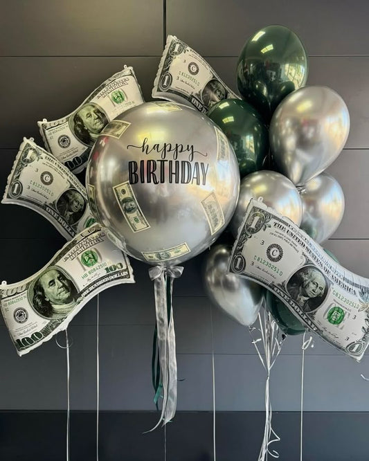 Personalised Set Helium Clear with Customizable Sticker with Green and Silver Latex and Dollar Bills Helium with Ribbons - Perfect for any Occasions