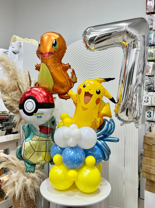Personalised Pikachu Balloon on Stand with Helium Silver ‘7’ Charmander Squirtle Pokeball - Customizable Design