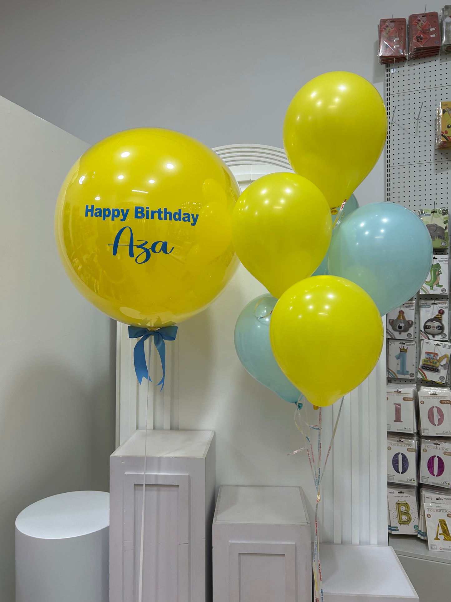 Personalised Clear with Yellow Latex Silver Confetti, Customize Sticker and Latex Helium Bunch Blue Yellow – Customizable Design