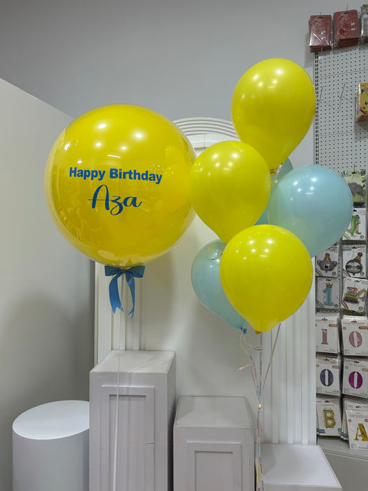 Personalised Clear with Yellow Latex Silver Confetti, Customize Sticker and Latex Helium Bunch Blue Yellow – Customizable Design