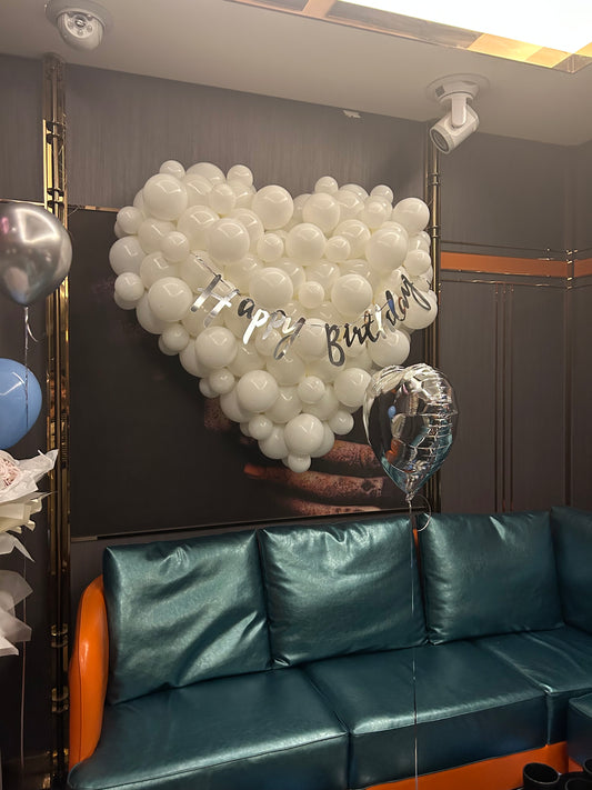 Customized Heart Backdrop White Balloon with Silver ‘Happy Birthday’ Banner - Perfect for special occasion