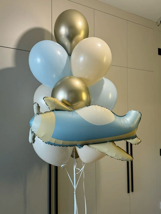Latex Helium Bunch Balloons Blue, Beige and Light Gold with Plane Foil Helium Aircraft-Themed Decor – Soar Into Celebration!