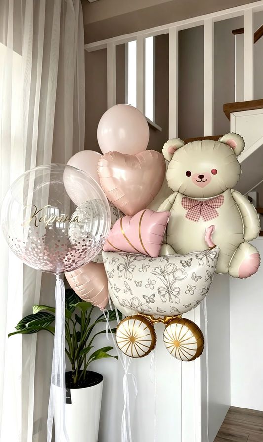 Baby Shower Stroller Pink and Gold Big Ribbon Bear Helium Foil Balloon Personalised Baby Pink Helium Sticker Hospital Welcome Home