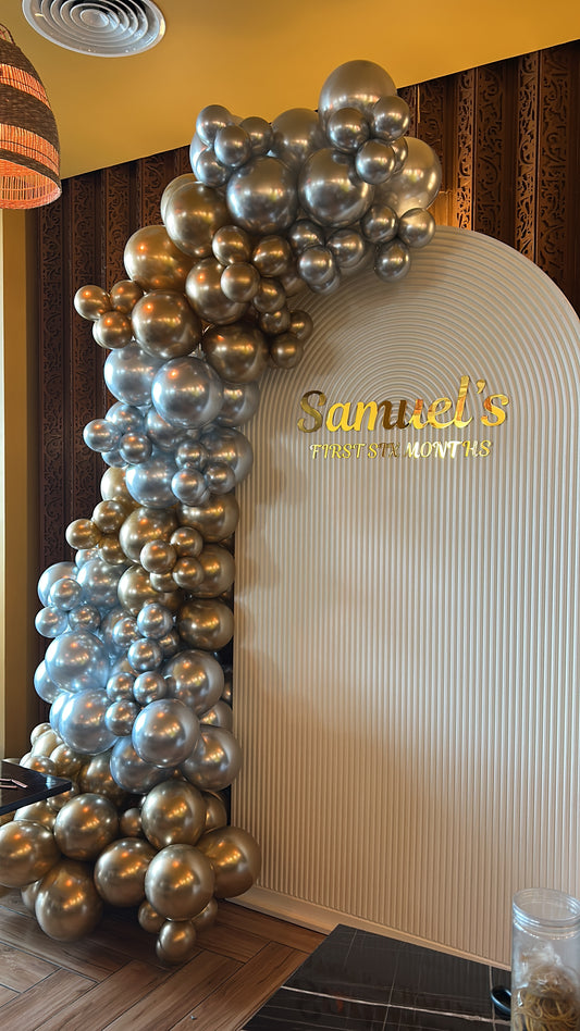 Chiara Wall Backdrop with Customizable Acrylic Gold Mirror Type and Balloon Decor Silver and Gold - Perfect for special occasion!