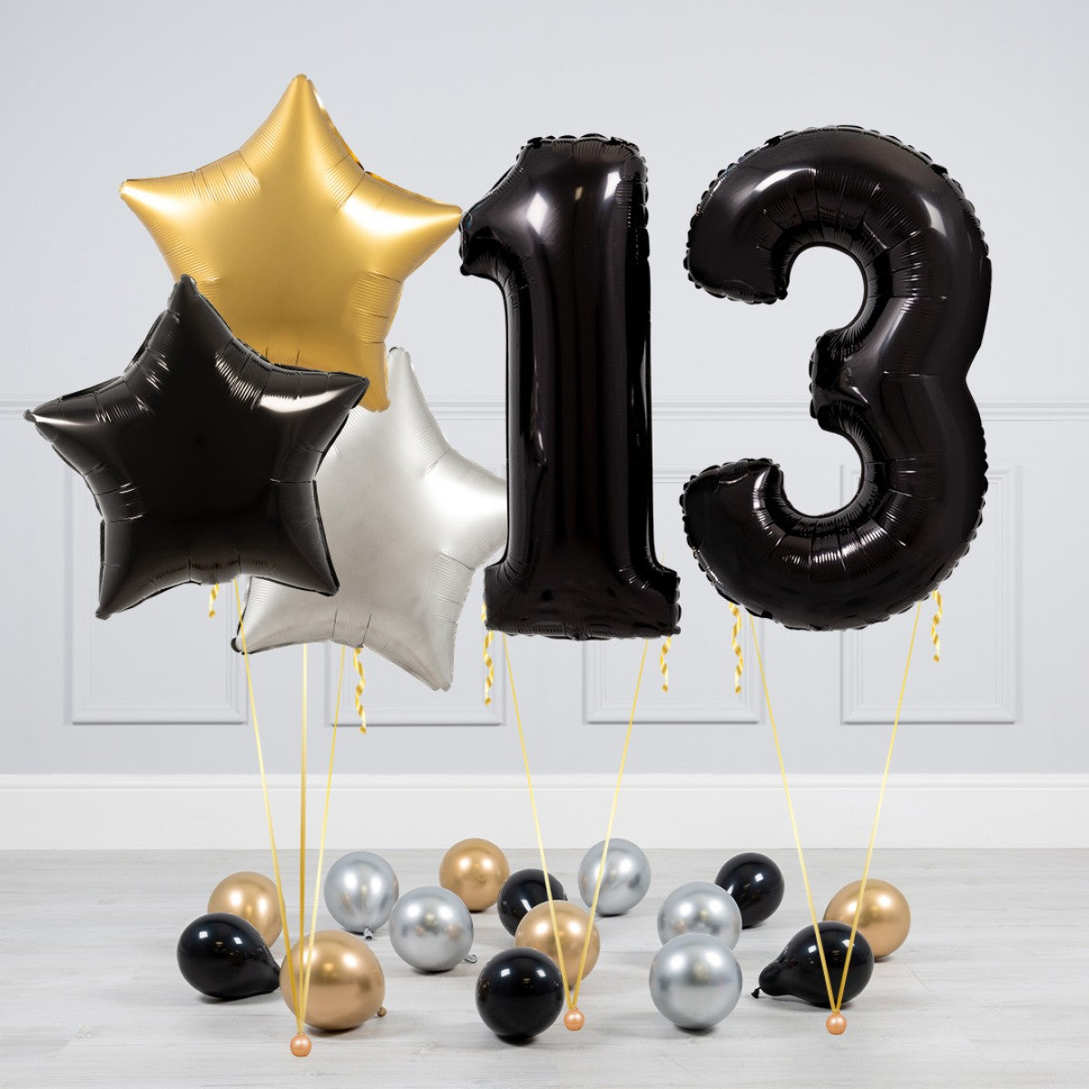 Helium Black Two Number Set Balloon - Gold, Black and White Stars with Mini Balloons