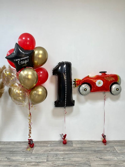 Helium Balloon Single Number Set of Black Number ‘1’ Balloon with Racing Car, Circle Checkered, Black Star with Customize Sticker and Latex Red, Gold and Clear with Confetti Helium Bunch - Racing Car-Themed Perfect for any Occasions