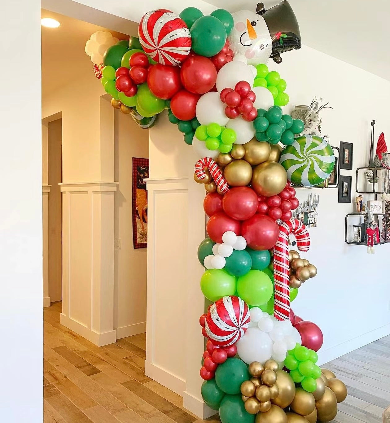 Christmas Balloon Garland with Candy Canes, Snow Man, Red, Green, and Gold Ornaments Accents