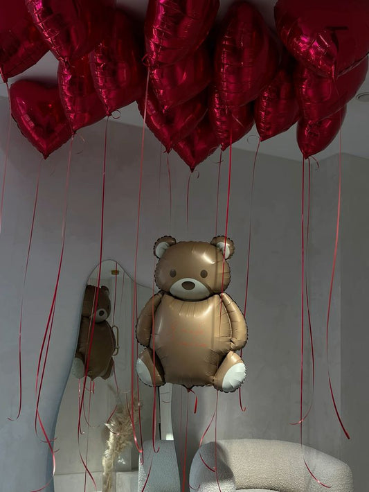 Red Heart-Shaped Helium Ceiling and Brown Bear Helium - Baby Shower, Bear-Themed Perfect for any Occasions