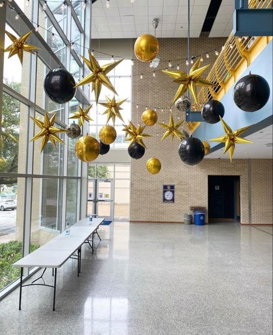 Balloon Orbs Black and Gold with Stars Ceiling Arrangement - Corporate Event, Grand Opening, Company Event Perfect for special occasion!