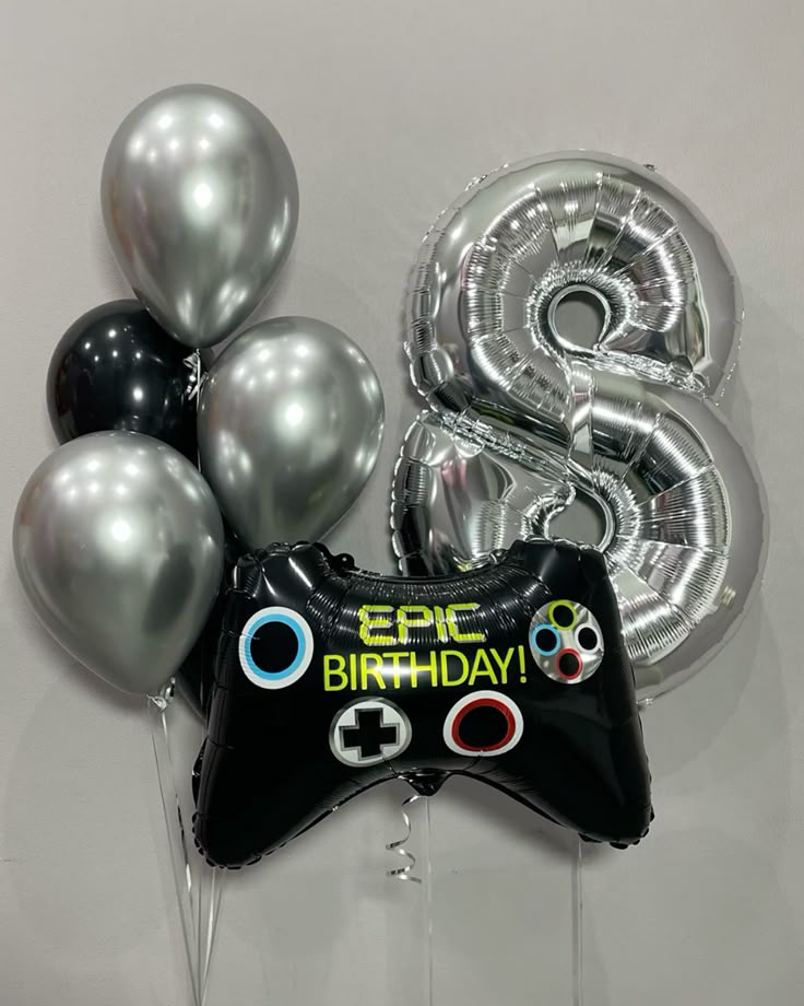 Helium Balloons Single Number Set Silver '8' with Latex Balloons Black and Gold with Game Controller - Perfect for any Occasions