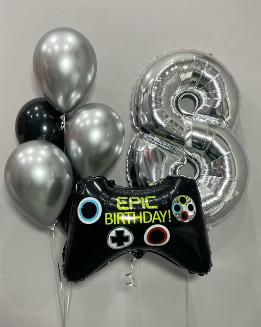 Helium Balloons Single Number Set Silver '8' with Latex Balloons Black and Gold with Game Controller - Perfect for any Occasions