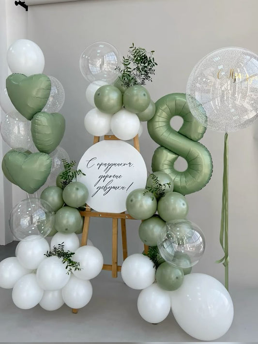 Customizable Round KT Board with Wooden Stand Welcome Board, Balloon Green Clear White Chain Arrangement, Helium Clear Balloons with Sticker and Ribbons, Helium Bunch Heart and Latex,  Artificial Leaves and Helium Number '8' - Perfect for any occasions!