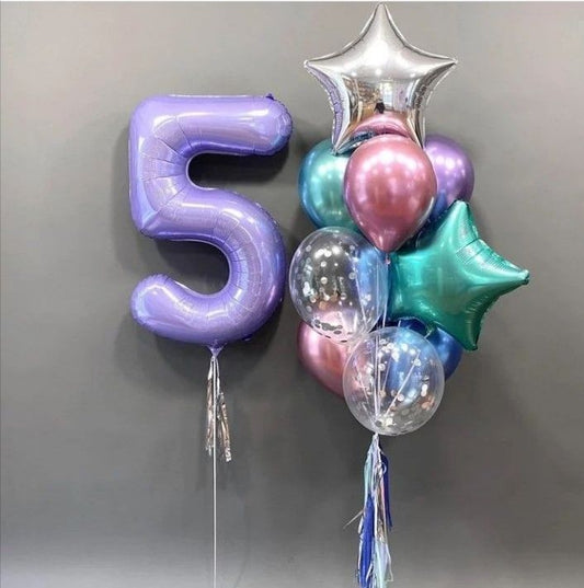 Helium Balloons Single Number Set Purple '5' with Star-Shaped and Latex Chrome Green, Purple, Pink and Blue Bunch with Ribbons and Tassels - Mermaid-Themed Under The Sea-Themed Perfect for any Occasions!